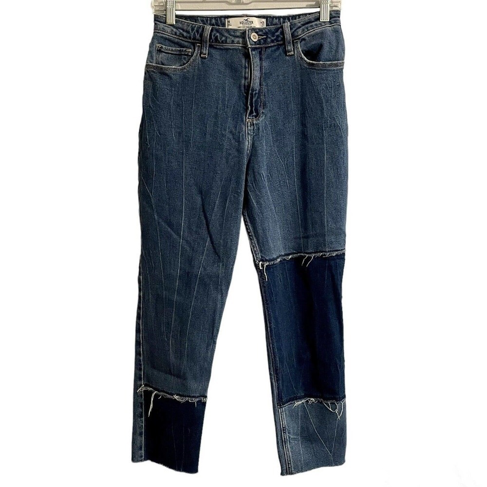 Hollister Curvy High Rise Mom Jean 7R 28 Women Blue Raw Hem Denim Patc…